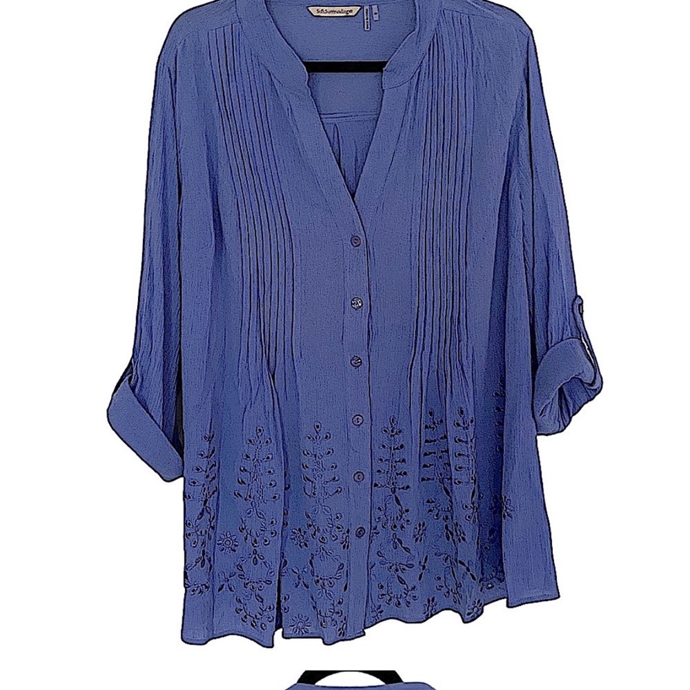 SOFT SURROUNDINGS Periwinkle Embroidered Eyelet Button Down 3/4 Sleeve Top 2X